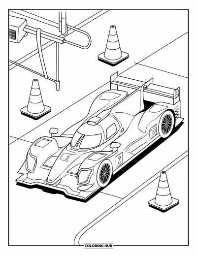 Dibujo de coches de carreras para colorear para niños: Un coche de carreras está estacionado en la zona de boxes con conos y herramientas cerca