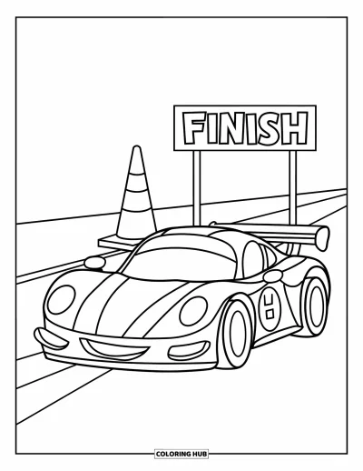 Dibujo de coches de carreras para colorear para niños: Un coche de carreras está estacionado cerca de un cono de tráfico y una bandera de meta