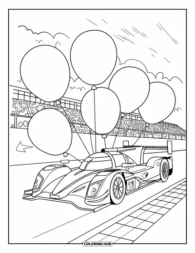 Dibujo de coches de carreras para colorear para niños: Un coche de carreras está estacionado en una pista con globos arriba y público detrás
