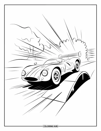 Dibujo de coches de carreras para colorear para niños: Un coche de carreras salta desde una rampa con líneas de movimiento, árboles y un edificio cerca