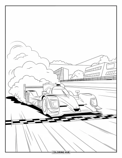 Dibujo de coches de carreras para colorear para niños: Un coche de carreras sale desde la línea de inicio con humo y edificios a lo lejos