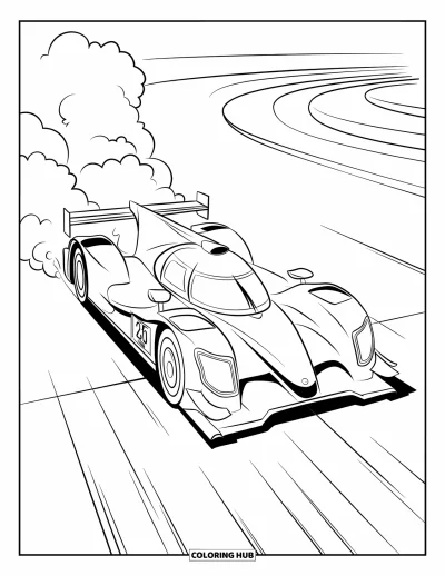 Dibujo de coches de carreras para colorear para niños: Un coche de carreras sale de la línea de inicio con nubes de humo ondulando detrás