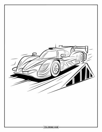 Dibujo de coches de carreras para colorear para niños: Un coche de carreras salta de una rampa pequeña con líneas de movimiento que muestran su velocidad