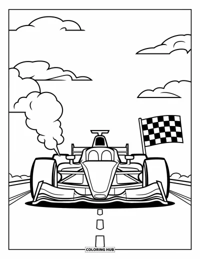Dibujo de coches de carreras para colorear para niños: Un coche de carreras avanza por una carretera discontinua con bocanadas de humo y nubes esponjosas arriba