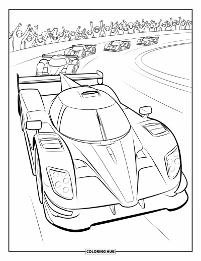Dibujo de coches de carreras para colorear para niños: Un coche de carreras corre en una pista con otros coches y multitudes animando al fondo
