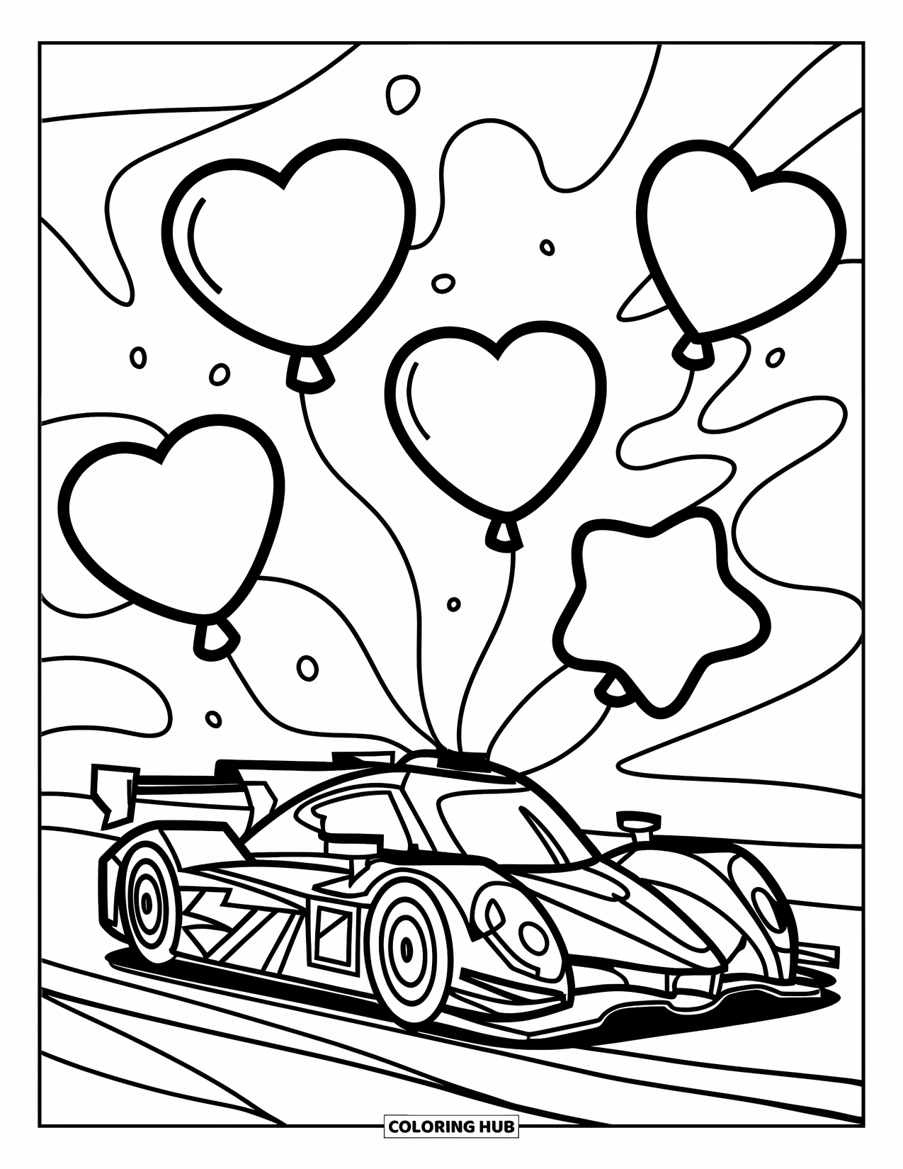 Kleurplaat raceauto voor kinderen: Een raceauto zit met hart-, ster- en cirkelvormige ballonnen die erboven zweven
