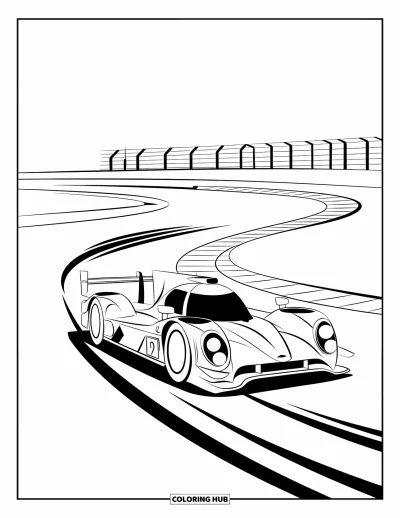 Dibujo de coches de carreras para colorear para niños: Un coche de carreras acelera en una curva del circuito dejando marcas de neumáticos detrás