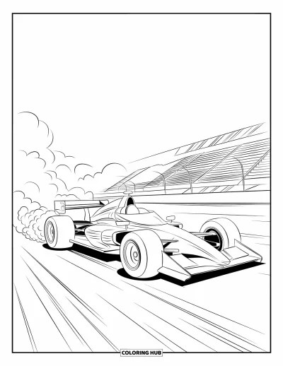 Dibujo de coches de carreras para colorear para niños: Un coche de carreras arranca desde la línea de salida con humo, gradas y una pancarta detrás
