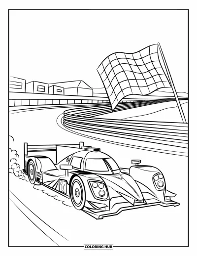 Dibujo de coches de carreras para colorear para niños: Un coche de carreras acelera en una pista curvada con humo detrás y una bandera a cuadros al frente