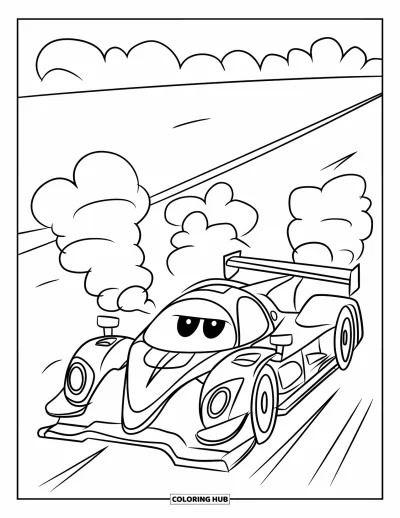 Dibujo de coches de carreras para colorear para niños: Un coche de carreras acelera por una carretera discontinua con pequeñas bocanadas de humo