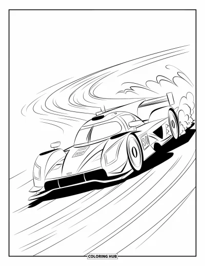 Dibujo de coches de carreras para colorear para niños: Un coche de carreras acelera entre curvas ondulantes con estelas de polvo detrás