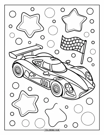 Dibujo de coches de carreras para colorear para niños: Un coche de carreras con bandera a cuadros está rodeado de estrellas grandes y puntos
