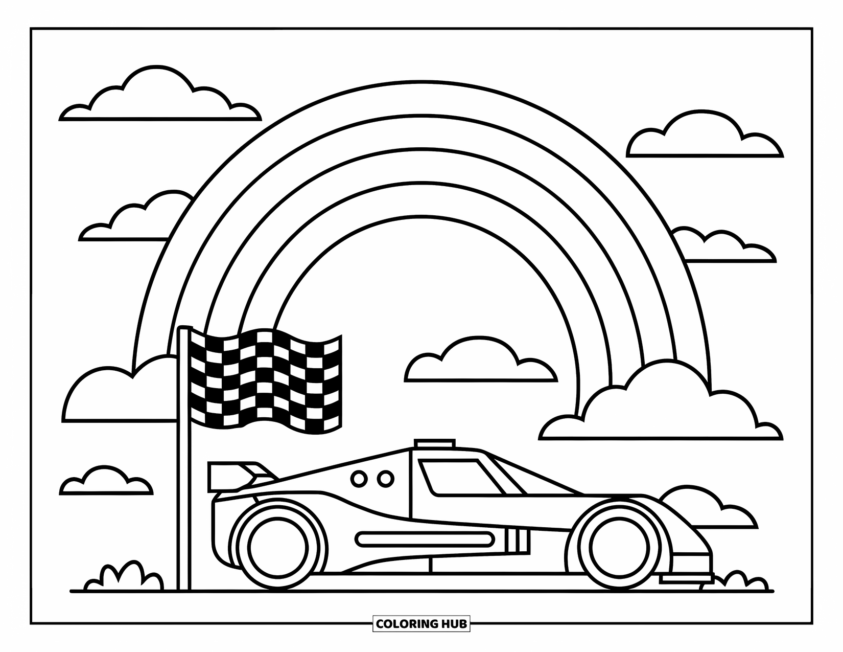 Raceauto Kleurplaat voor Kinderen: Een raceauto met een geblokte vlag staat onder een regenboog met wolken in de lucht