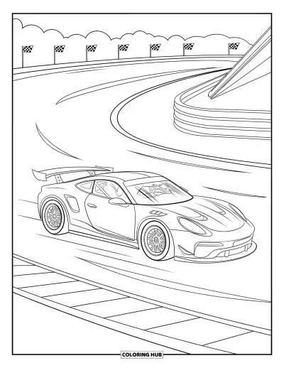 Dibujo de coches de carreras para colorear para niños: Un coche de carreras con alerón y jaula antivuelco pasa veloz junto a banderas y una grada