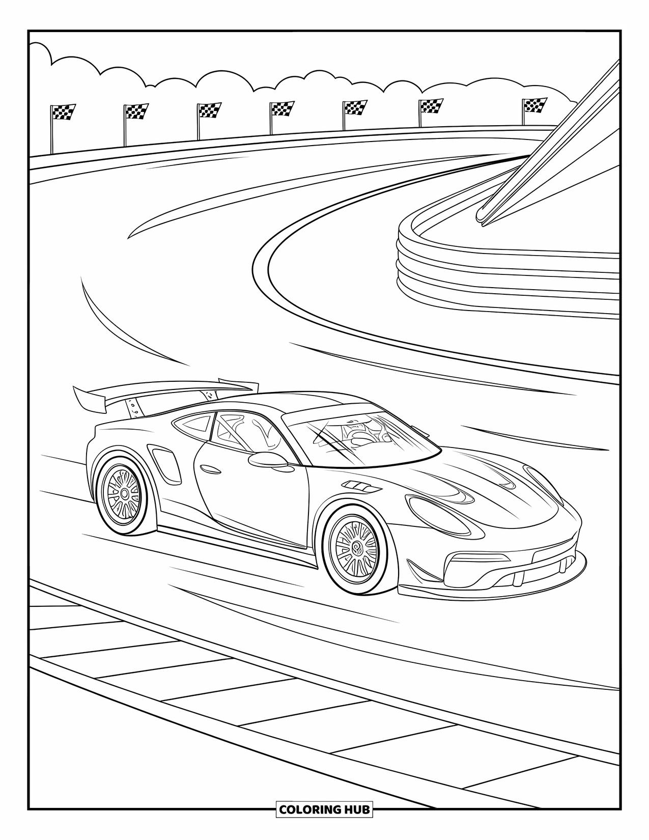 Kleurplaat raceauto voor kinderen: Een raceauto met een spoiler en rolkooi scheurt langs vlaggen en een tribune