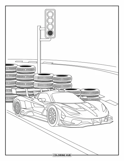 Dibujo de coches de carreras para colorear para niños: Un coche de carreras con franjas marcadas está estacionado cerca de neumáticos apilados y una luz de señal