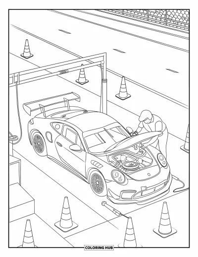 Dibujo de coches de carreras para colorear para niños: Un coche de carreras con el capó abierto recibe servicio de un mecánico cerca de conos y espectadores