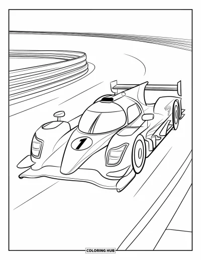 Dibujo de coches de carreras para colorear para niños: Un coche de carreras con el número 1 baja por una pista curvada con líneas de movimiento marcadas