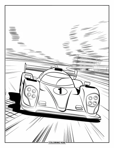 Dibujo de coches de carreras para colorear para niños: Un coche de carreras con el número 1 acelera por una pista a cuadros con árboles y edificios detrás