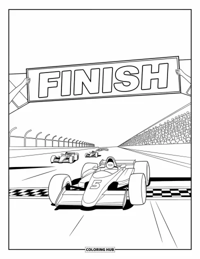 Dibujo de coches de carreras para colorear para niños: Un coche de carreras con el número 5 acelera bajo la línea de meta con una multitud animando