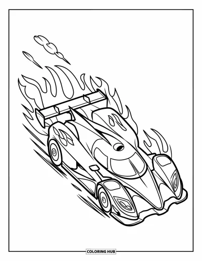 Dibujo de coches de carreras para colorear para niños: Un coche de carreras con llamas afiladas y líneas de escape sencillas detrás