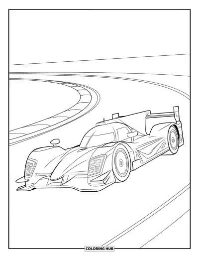 Dibujo de coches de carreras para colorear para niños: Un coche de carreras con líneas de velocidad y dibujo de llantas visible compite en una pista curvada