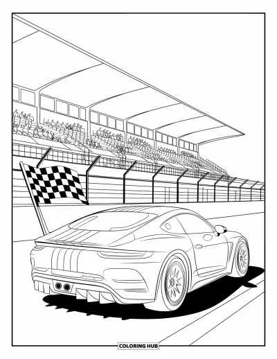 Dibujo de coches de carreras para colorear para niños: Un coche de carreras con franjas está estacionado junto a una bandera a cuadros y una grada
