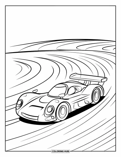 Dibujo de coches de carreras para colorear para niños: Un coche de carreras redondeado con ruedas grandes salta sobre una rampa curva con remolinos detrás