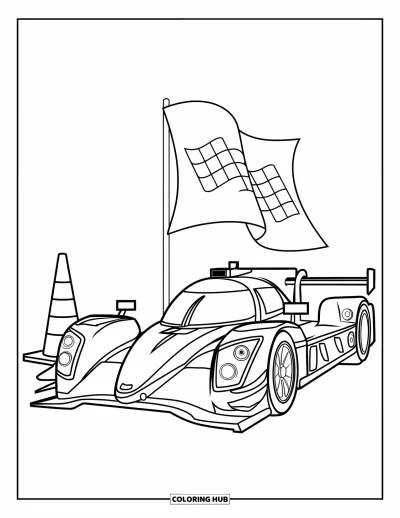 Dibujo de coches de carreras para colorear para niños: Un coche de carreras sencillo está estacionado cerca de un cono de tráfico y una bandera de meta