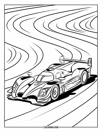 Dibujo de coches de carreras para colorear para niños: Un coche de carreras sencillo sube por una rampa suave con líneas onduladas detrás