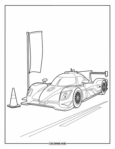 Dibujo de coches de carreras para colorear para niños: Un coche de carreras sencillo está junto a un cono de tráfico y una bandera de meta