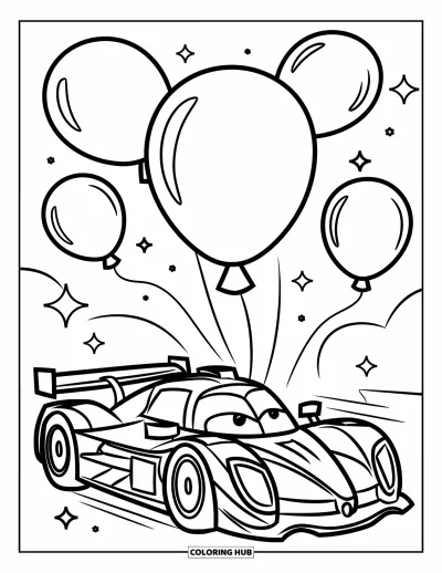 Dibujo de coches de carreras para colorear para niños: Un coche de carreras sencillo con globos de distintas formas flota alegremente arriba