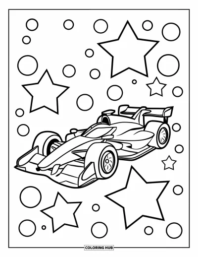 Dibujo de coches de carreras para colorear para niños: Un coche de carreras sencillo con contornos marcados está entre grandes estrellas y puntos