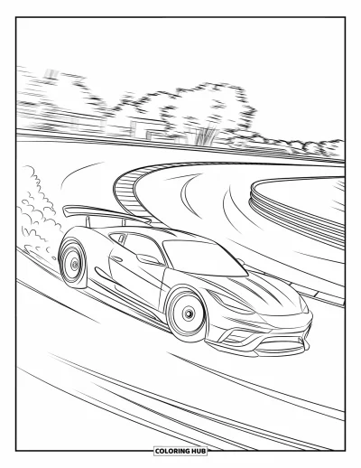 Dibujo de coches de carreras para colorear para niños: Un coche de carreras aerodinámico derrapa en una curva con humo en una pista junto a árboles y edificios