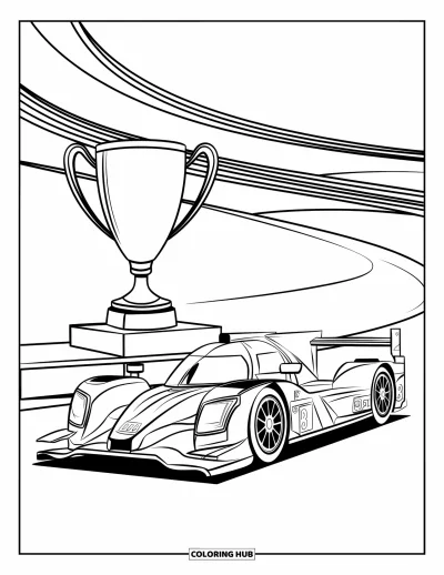 Dibujo de coches de carreras para colorear para niños: Un coche de carreras aerodinámico está estacionado junto al podio de ganadores y un trofeo brillante