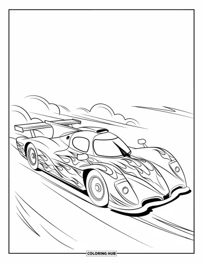 Dibujo de coches de carreras para colorear para niños: Un coche de carreras aerodinámico, con curvas marcadas y nubes de escape, avanza a toda velocidad