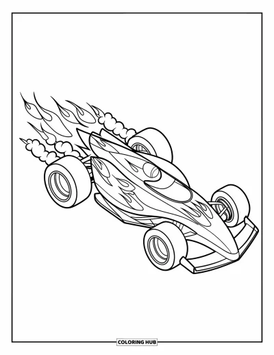 Dibujo de coches de carreras para colorear para niños: Un coche de carreras aerodinámico con llamas en los laterales y nubes de escape ondulantes detrás