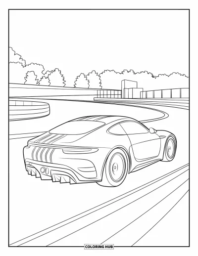 Dibujo de coches de carreras para colorear para niños: Un coche de carreras aerodinámico con franjas acelera en una pista sinuosa con árboles y un edificio cerca