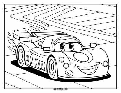Dibujo de coches de carreras para colorear para niños: Un coche de carreras sonriente avanza con líneas de escape curvas y líneas paralelas de fondo