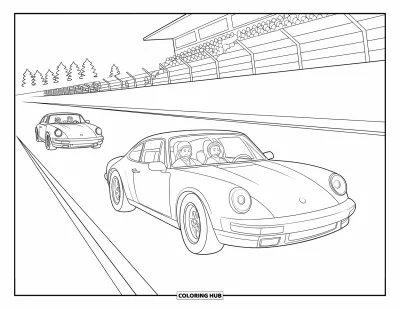 Dibujo de coches de carreras para colorear para niños: Un coche deportivo con dos pasajeros es perseguido por otro coche cerca de árboles y una grada