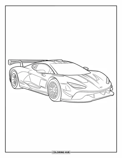 Dibujo de coches de carreras para colorear para niños: Un coche de carreras con franjas está centrado, con contornos nítidos y sin fondo recargado