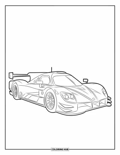 Dibujo de coches de carreras para colorear para niños: Vista de tres cuartos de un coche de carreras con alerones y cortes de ventilación en una pista