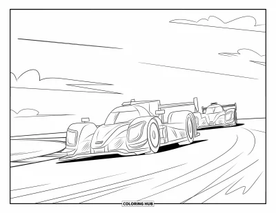 Dibujo de coches de carreras para colorear para niños: Un coche lidera mientras otro lo sigue de cerca en una pista bajo un cielo nublado