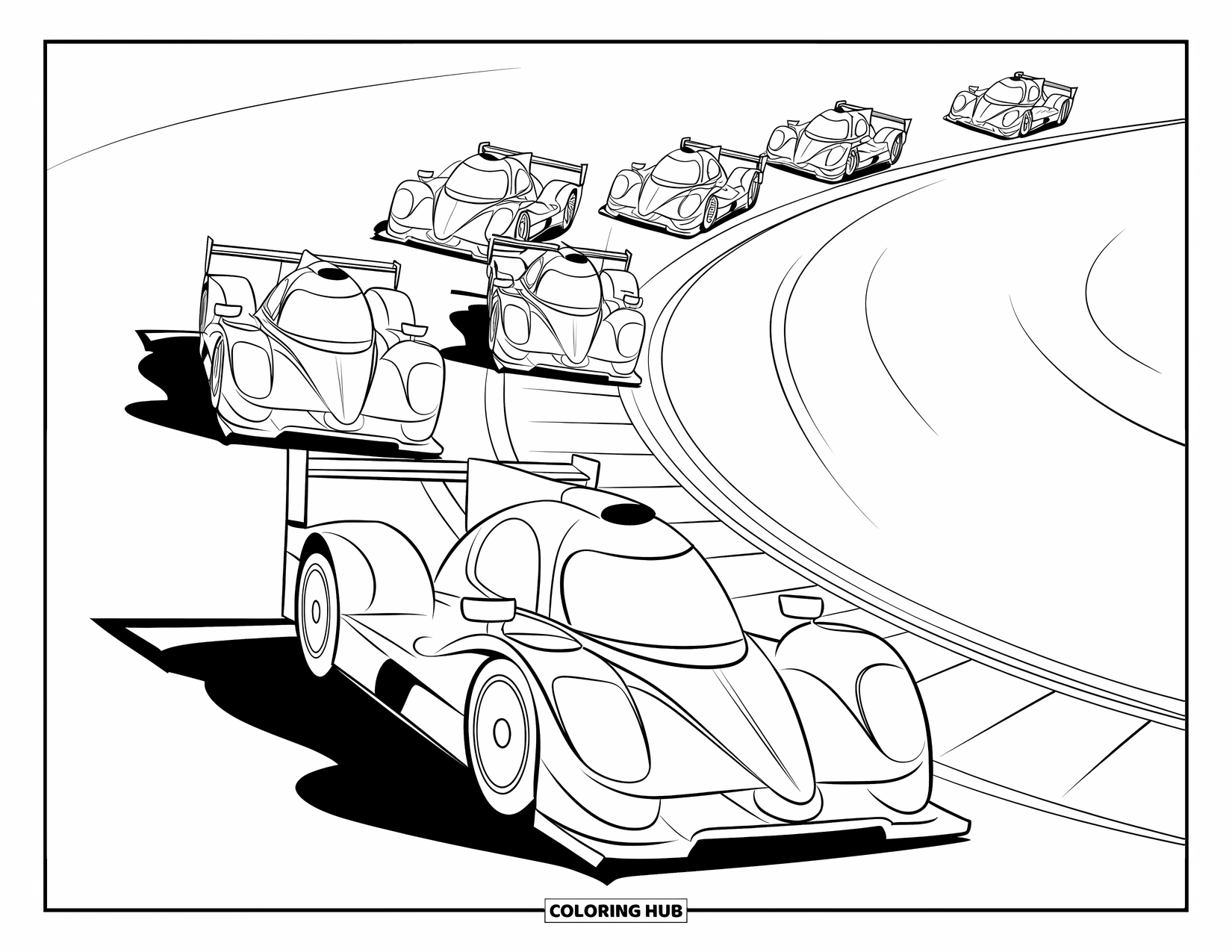 Raceauto Kleurplaat voor Kinderen: Raceauto's navigeren door een scherpe haarspeldbocht op een circuit met duidelijke lijnen