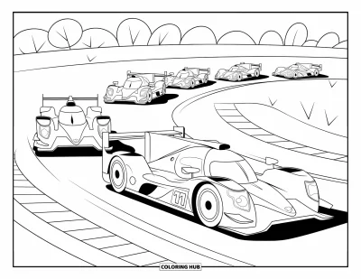 Dibujo de coches de carreras para colorear para niños: Coches de carreras giran con fuerza en una curva de herradura con árboles al fondo