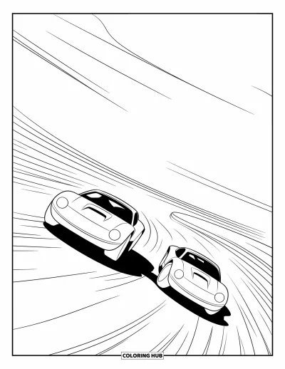 Dibujo de coches de carreras para colorear para niños: Dos coches compiten en curvas cerradas, uno ligeramente por delante bajo un cielo despejado