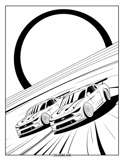 Dibujo de coches de carreras para colorear para niños: Dos coches toman una curva peraltada en la pista dentro de un marco circular