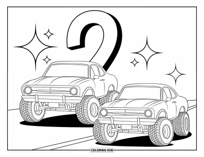 Dibujo de coches de carreras para colorear para niños: Dos coches con neumáticos grandes están en una carretera con destellos y un gran número 2