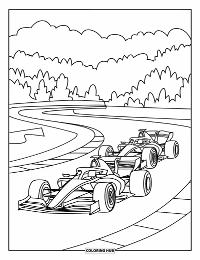 Dibujo de coches de carreras para colorear para niños: Dos coches de carreras compiten lado a lado en una pista sinuosa por el bosque
