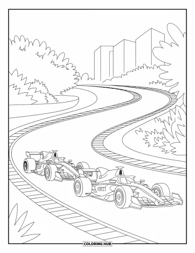 Dibujo de coches de carreras para colorear para niños: Dos coches de carreras compiten en curvas cerradas con vegetación y edificios altos al fondo